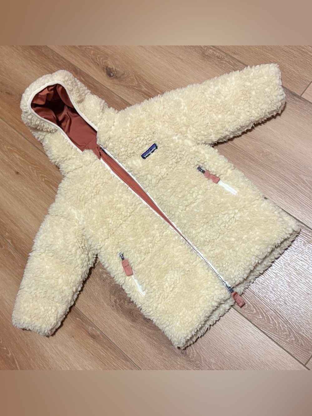 Patagonia Cream Sherpa Hooded Jacket with Rust Lining